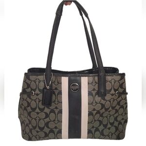 Coach Black White Signature Striped Logo Shoulder Rote Bag F22908 Monogram GUC